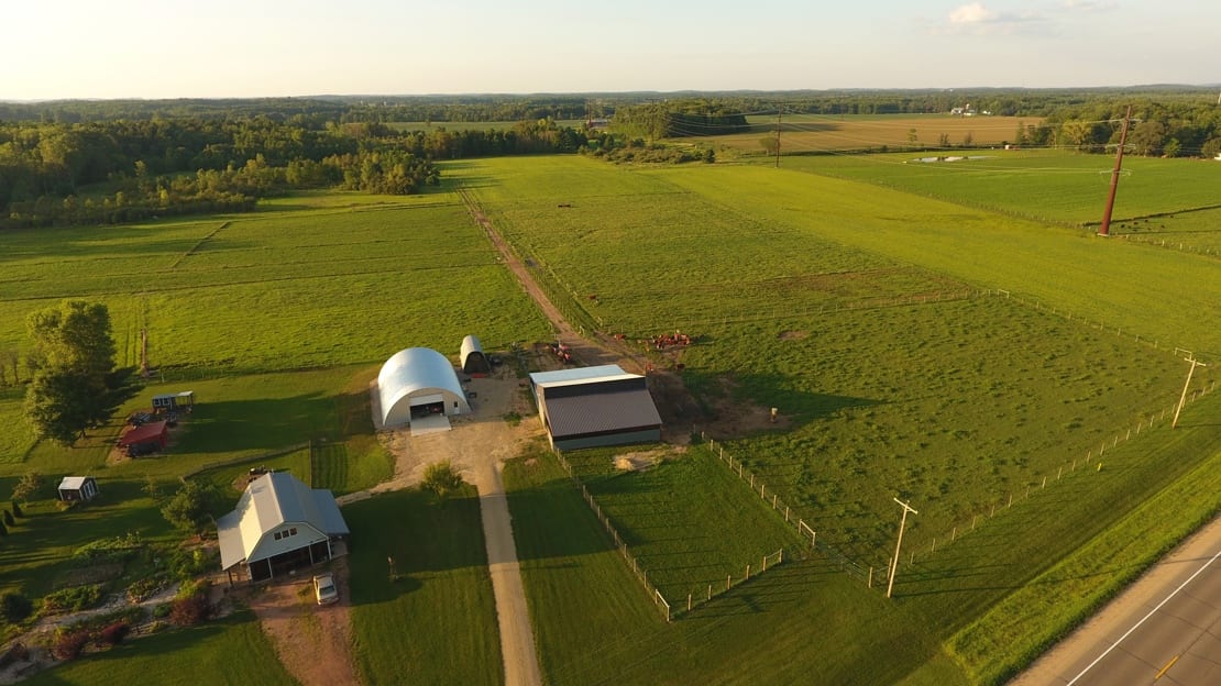 Aerial view of Barkow Ranch pastures and barns